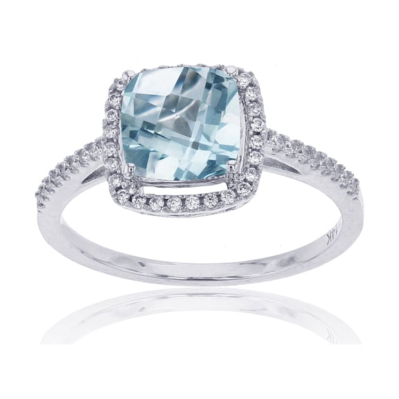 Decadence 14K White Gold 0.19cttw Rnd Diamonds & 7mm Cush Aquamarine Halo Ring