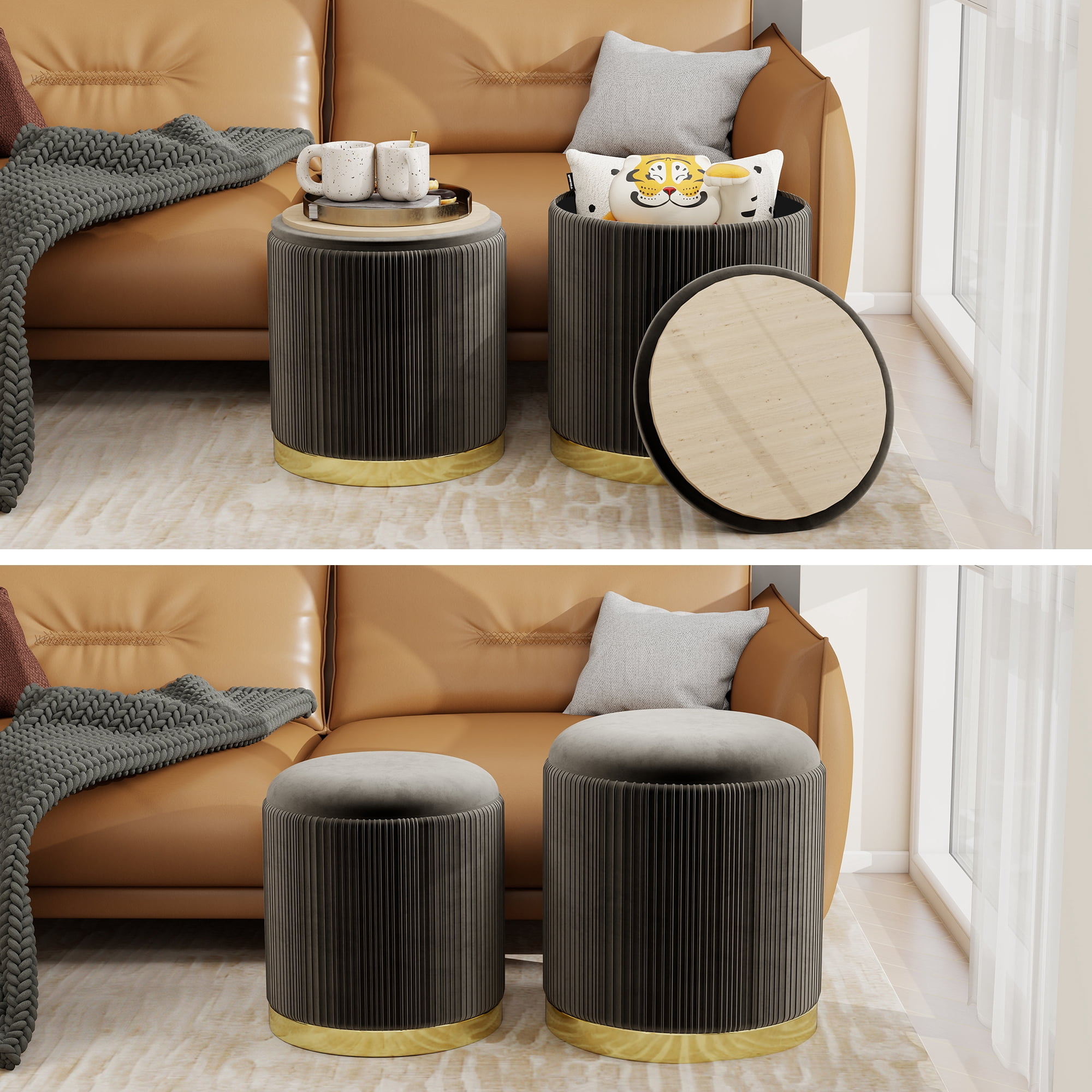Caroeas 2 Pack Round Ottoman with Storage, Upholstered Velvet Storage Ottoman with Gold Trim, Vanity Stool for Makeup, Ottoman Foot Rest for Living Room, Bedroom, Black