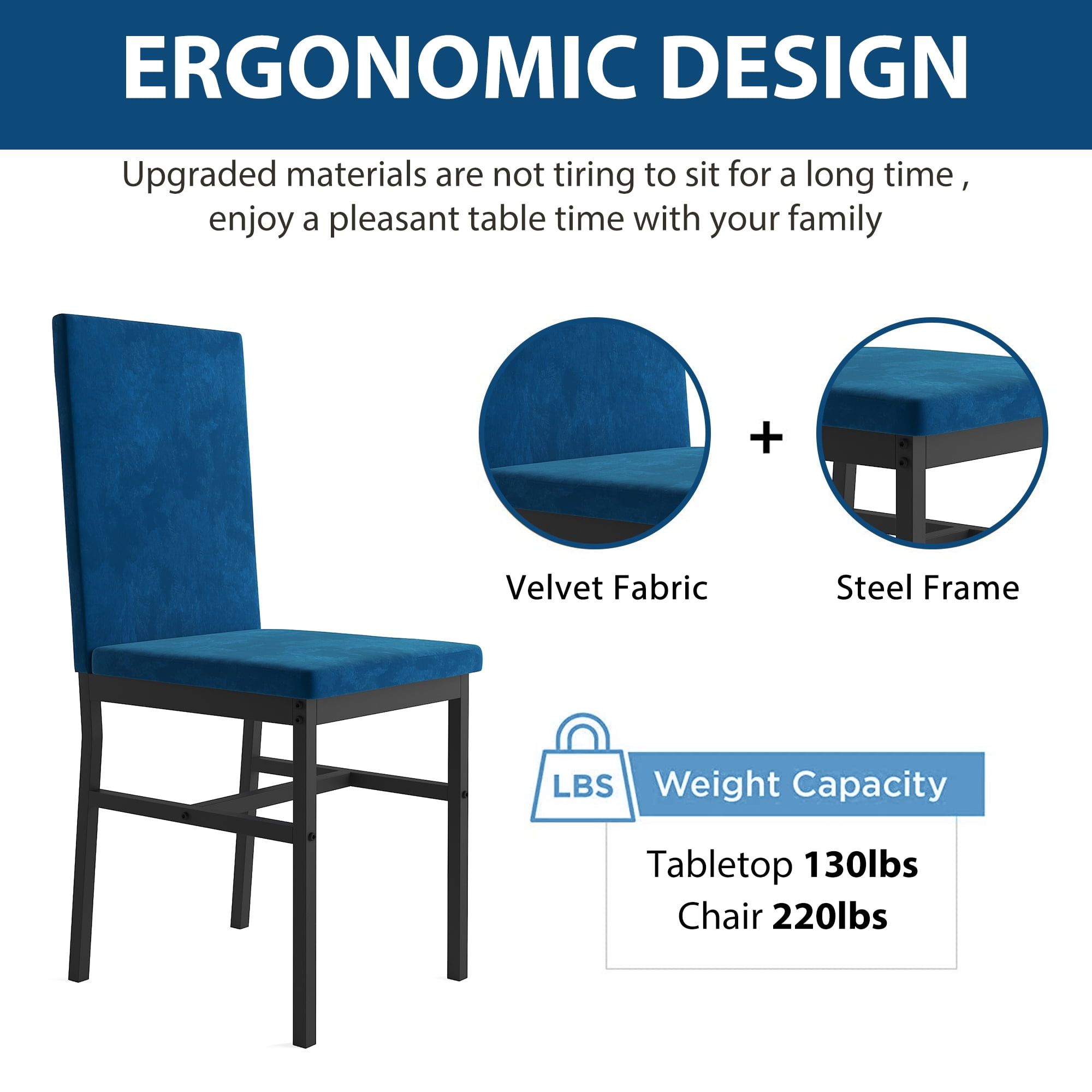 UHOMEPRO 5 Pieces Dining Table Set, Marble Top Dining Table and Chairs Set for 4, Blue Sturdy Iron Frame Dining Room Table Set with 4 Velvet Upholstered Chairs for Small Dining Room