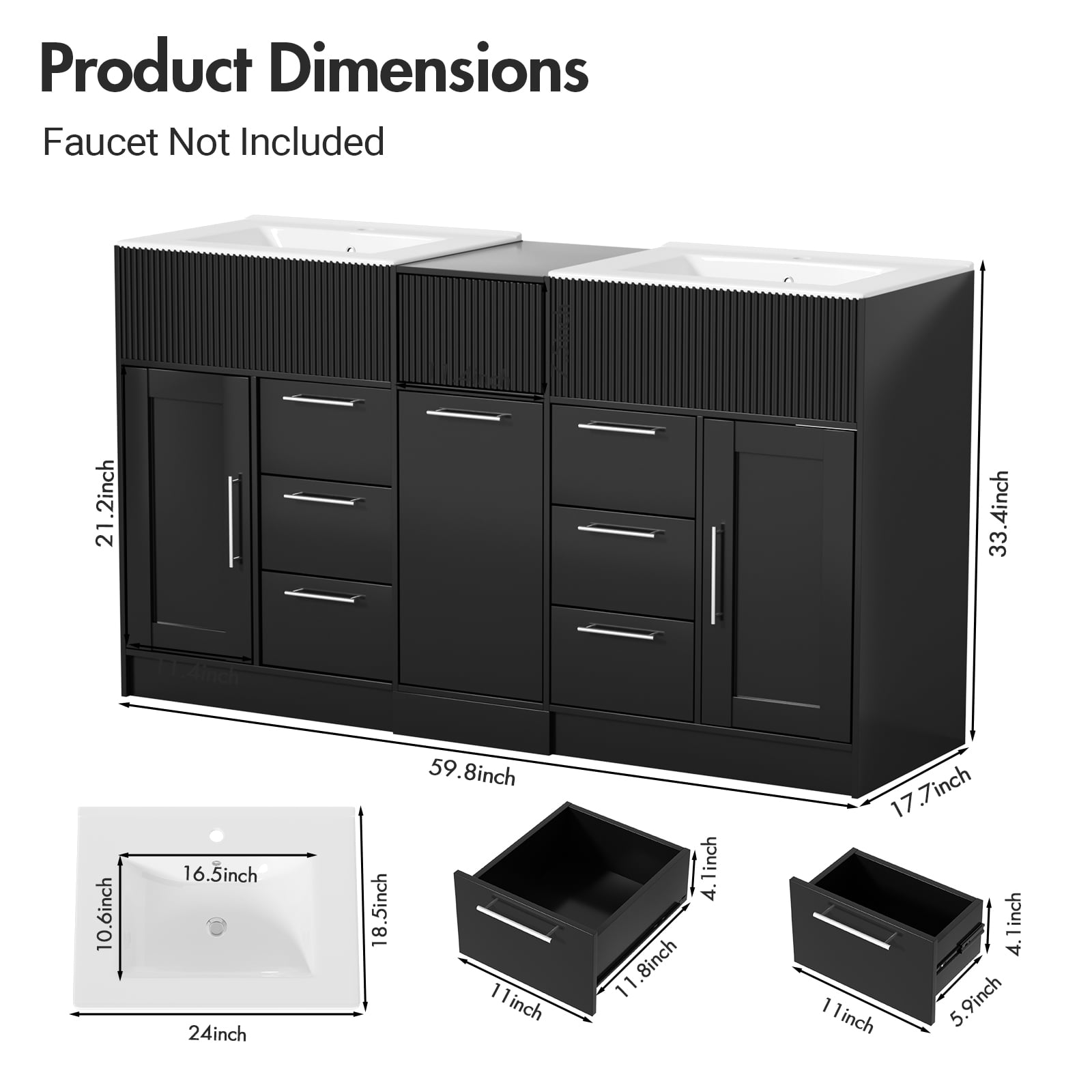 Advwin 60" Double Sink Bathroom Vanity with Ceramic Basins, Modern Freestanding Bathroom Storage Cabinet with 7 Drawers & Soft-Close Doors, Black