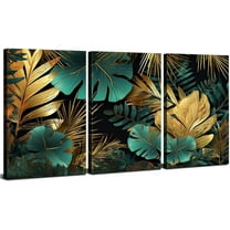 Tropical Leaf Wall Art Green and Gold Wall Decor for Living Room Bathroom Emerald Green Plant Decor Gold Leaves Canvas Pictures Boho Botanical Paintings Modern Artwork Home Decorations 12x16