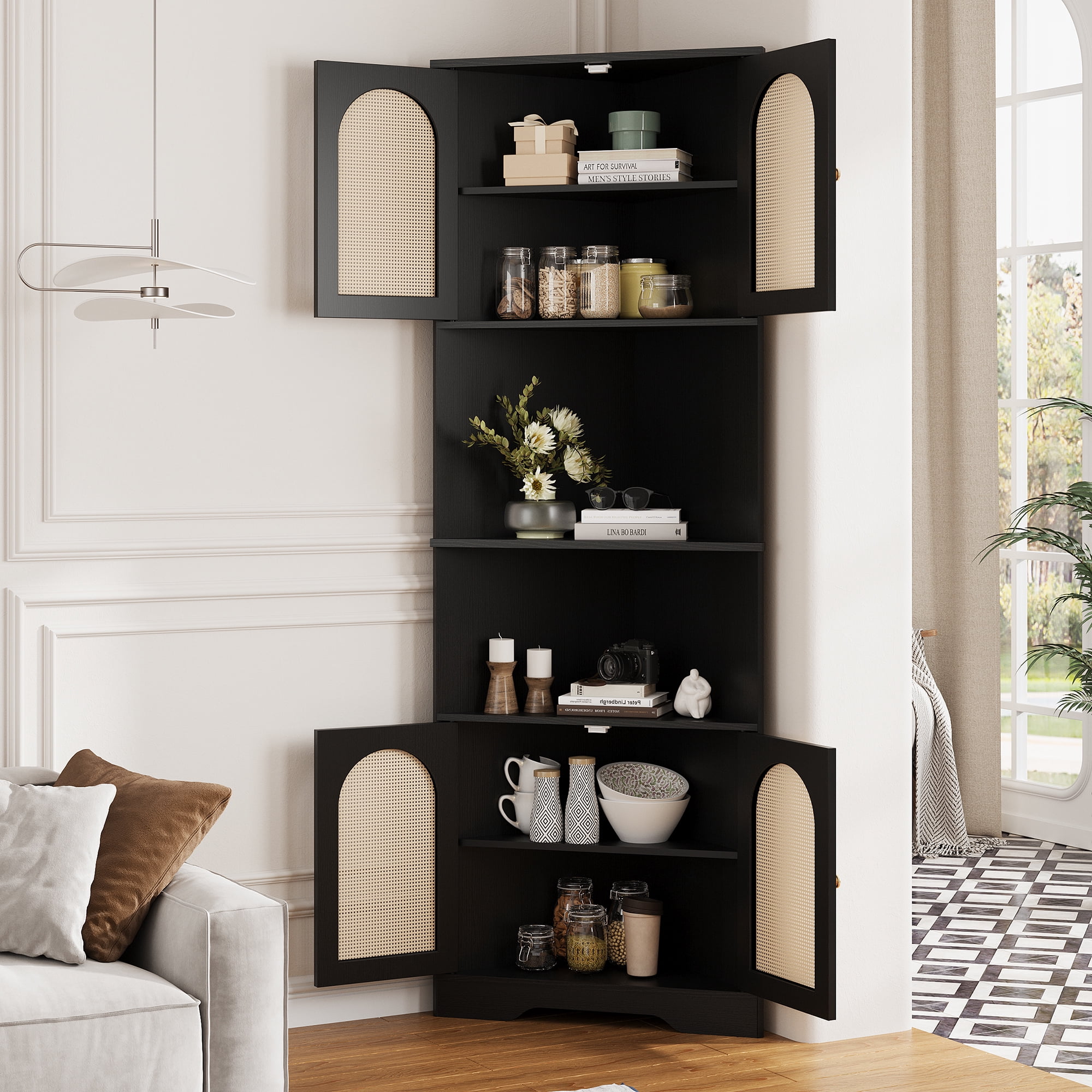 VEANERWOOD Rattan 67" Tall Corner Storage Cabinet, Corner Shelf Stand Storage Rack for Living Room, Home Office, Kitchen, Small Space,Black