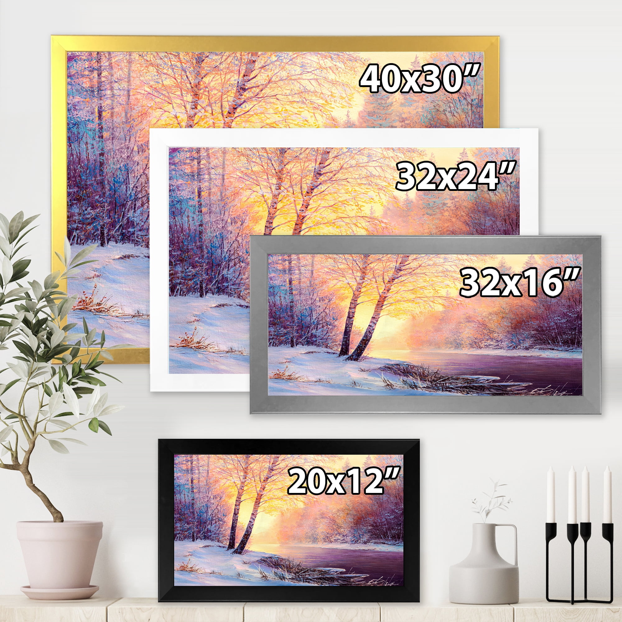 Bridge Of Meandering River With Winter Scenery II 40 in x 30 in Framed Painting Canvas Art Print, by Designart