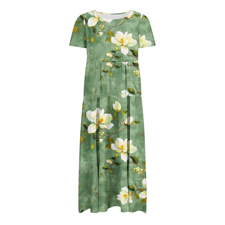 Viikei Womens Dresses Summer,Elegant Satin Short Sleeve Dress,Women's  Flower Printing Casual Short Sleeve Crewneck Dress Casual Flowy Tiered Maxi  Beach Dress Green S - Walmart.com
