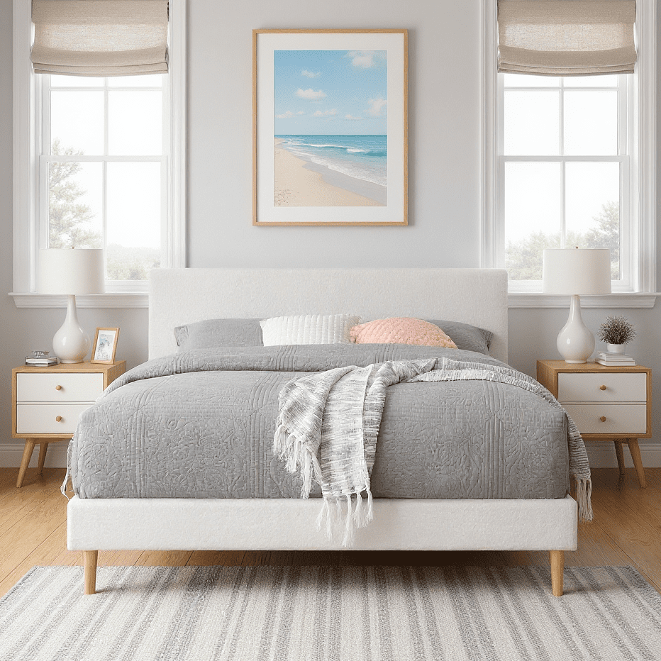 King Size Upholstered Platform Bed Frame with Headboard, Solid Wood Slat Support, White, No Box Spring Needed, Easy Assembly