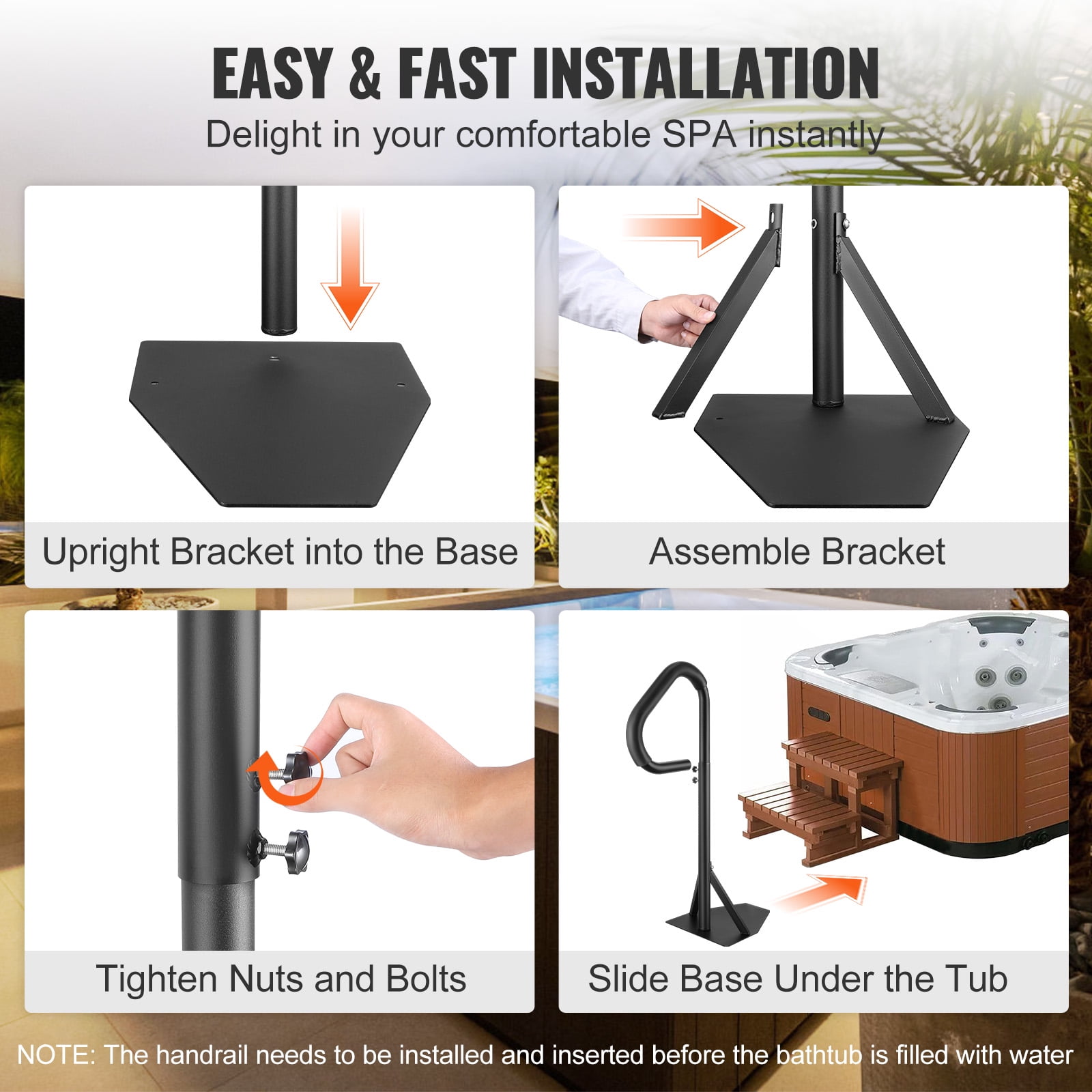 VEVOR Hot Tub Handrail,360 Rotatable Spa Side Handrail with 35"-57" Adjustable Height, Rust-proof Aluminum Spa Step Hot Tub Hand Rail with Slide-Under Mount Base for Indoor & Outdoor,600LBS Capacity