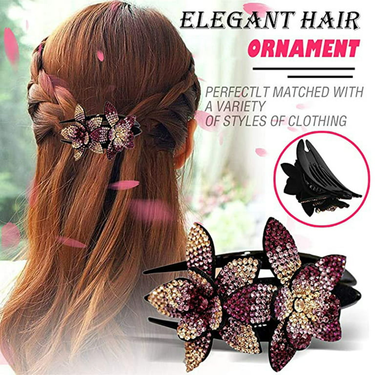 Double Flower Rhinestone Hair Clip For Women Crystal Fancy Hair Clips Thick  Long Decorative hair Accessories 