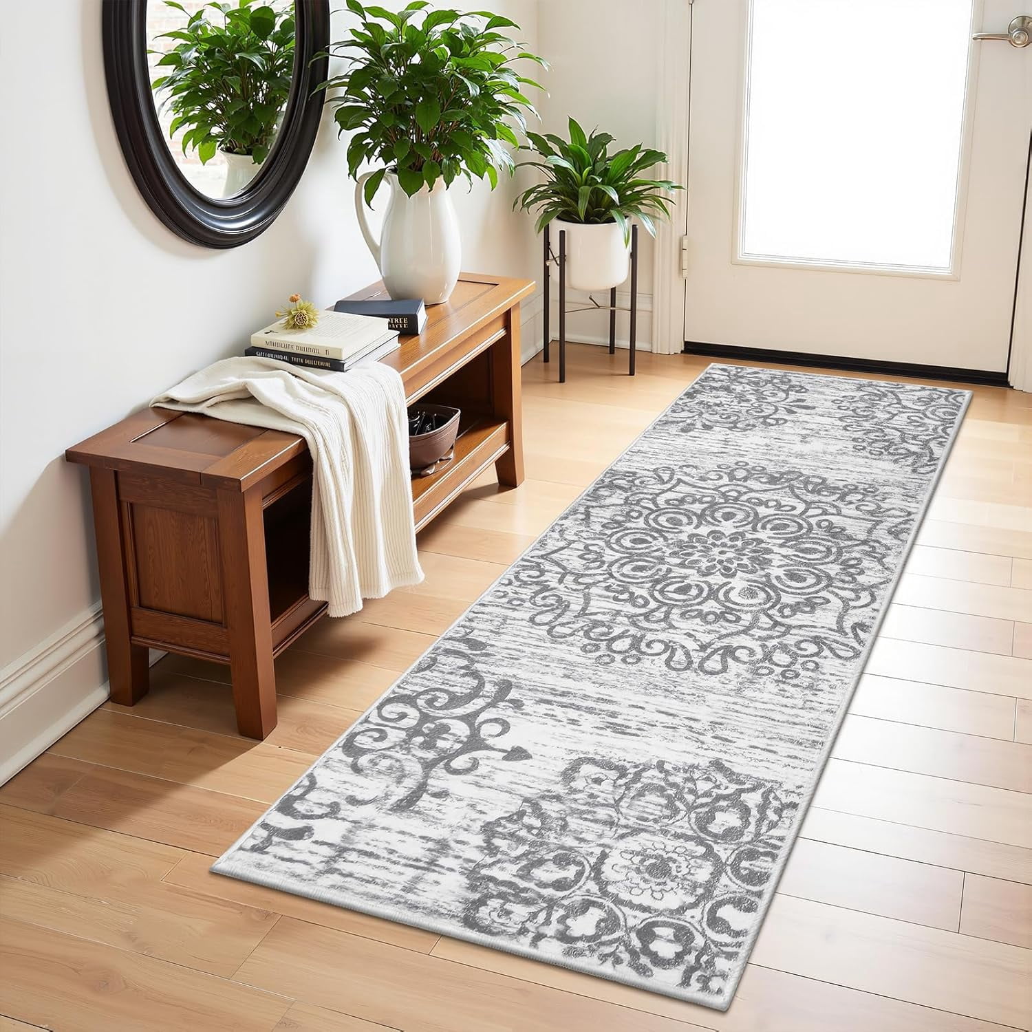 Findosom 2'x6' Vintage Boho Kitchen Rug Runner for Hallways Machine Washable Non Slip Hallway Runner Rugs 0.6 inch Thickness Medallion Floor Runner Rugs for Entryway Bedroom Laundry Room Gray