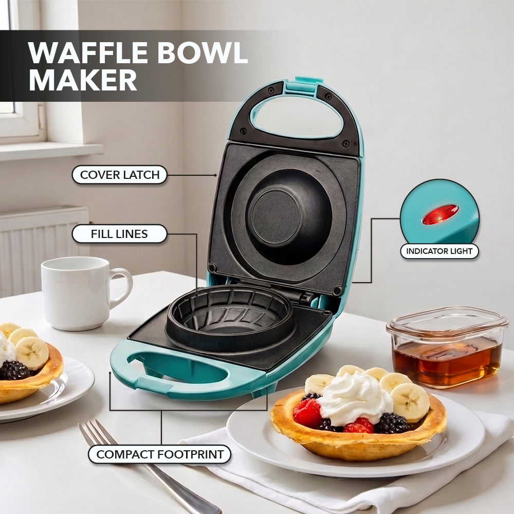 OVENTE Electric Waffle Bowl Maker, 520W Power, Turquoise WMB2405BL | Non-Stick Coating, Indicator Light and Cool Touch Handle, Perfect for Homemade Ice Cream Cups & Delicious Desserts