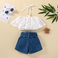 thumbnail image 2 of Rush Baby Girl Clothes Lace Crochet Halter Neck T-Shirt Waist Belt Decoration Denim Shorts Sets --- White（Size 90） S834, 2 of 5