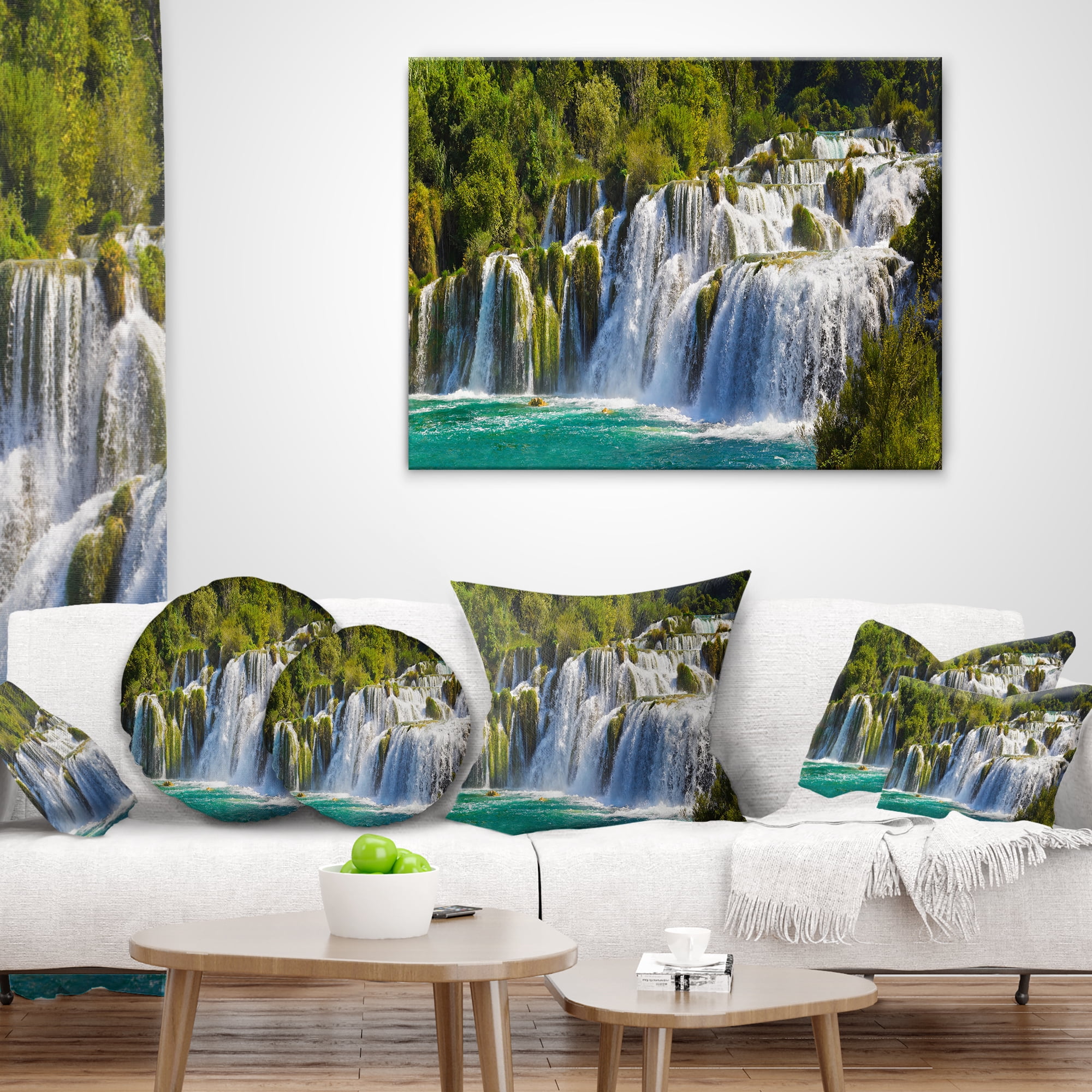 Designart Waterfall KRKA Panorama - Landscape Photography Throw Pillow - 18x18