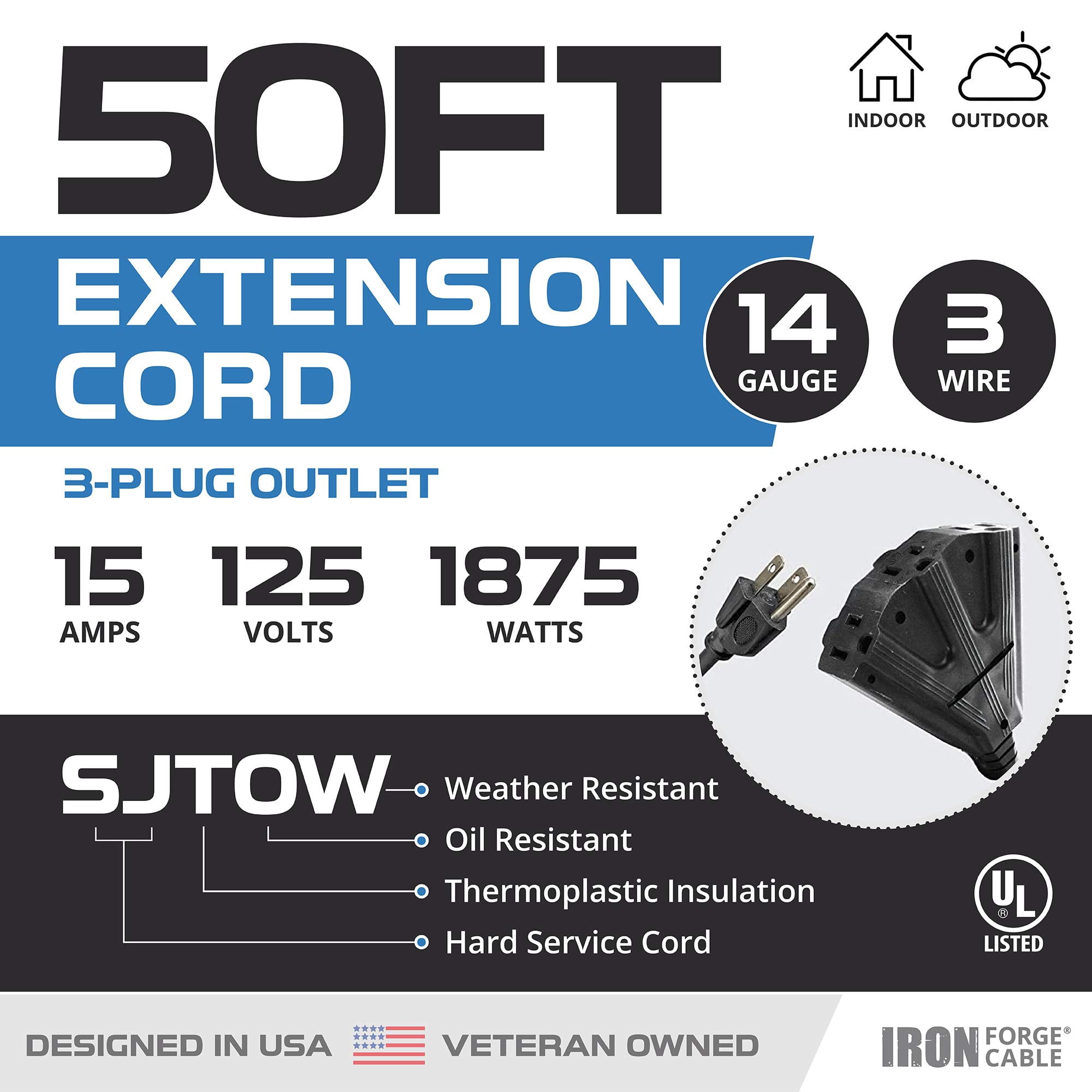 Iron Forge Cable 14 Gauge Outdoor Extension Cord 50 Ft with 3 Power Outlets, SJTOW 14/3 Heavy Duty 50 ft Black Extension Cord 3 Prong, Oil Resistant & Flame Retardant