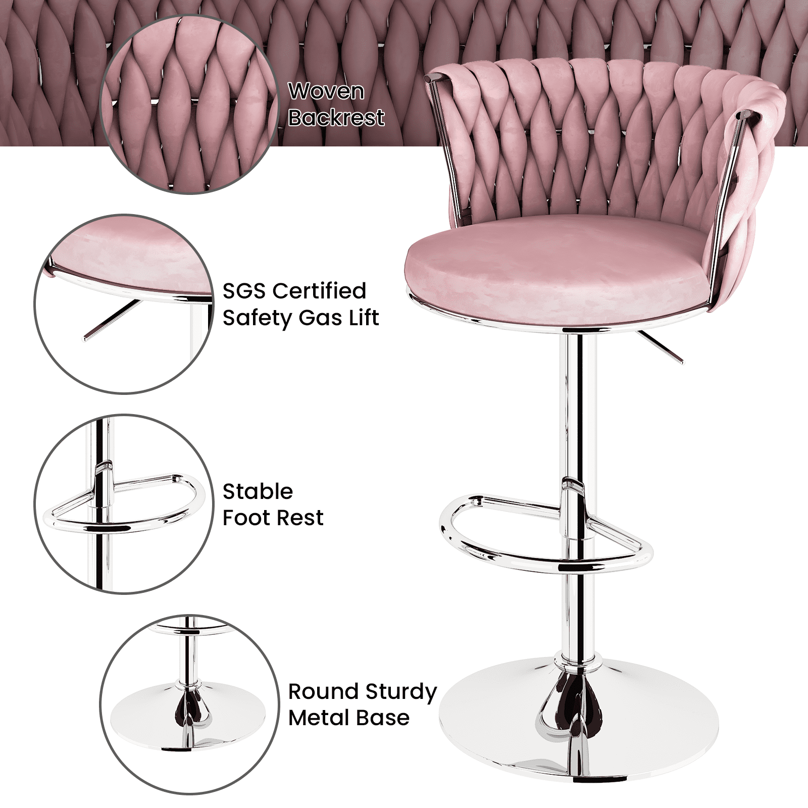 Mieres Velvet Bar Stools Set of 2, Adjustable Height Swivel Pub Chairs with Woven Back, Counter Height Dining Chairs with Footrest, 360° Rotating Kitchen Island Stools for Home & Bar, Pink