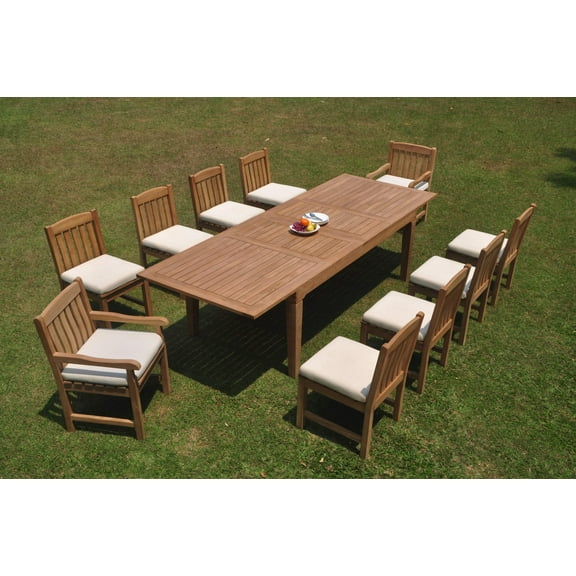 Grade-A Teak Dining Set: 10 Seater 11 Pc: 122" Caranas Double Extension Rectangle Table And 10 Devon Chairs (2 Arm & 8 Armless Chairs) WholesaleTeak #WMDV51