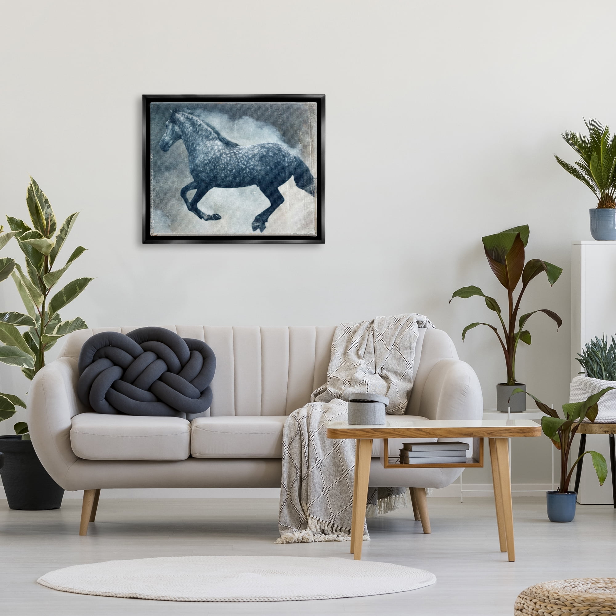 Stupell Industries Blue Galloping Horse Vintage Animals & Insects Painting Black Floater Framed Art Print Wall Art