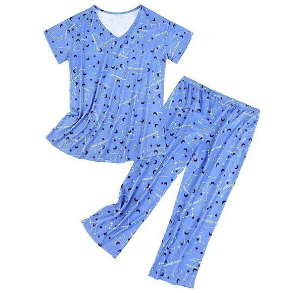 Yoodem Pajamas for Women Pj Sets for Woman Summer Round Neck Suit Pajamas Short Sleeve Long Pants Pajama Set Ladies Pajamas Sets Lounge Sets for Women Z Blue L