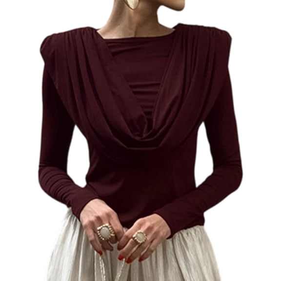 Women'S Burgundy Draped Cowl Neck Top Long Sleeve Elegant Blouse Casual Fashion Office and Party Outfits Wine Red S