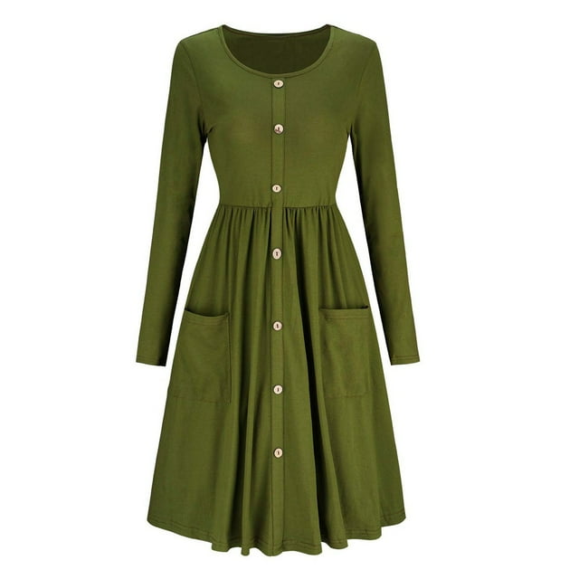 Vestido de manga larga para mujer,Vestido de manga larga, vestido redondo de cintura alta, vestido de manga larga con botones, alta capacidad