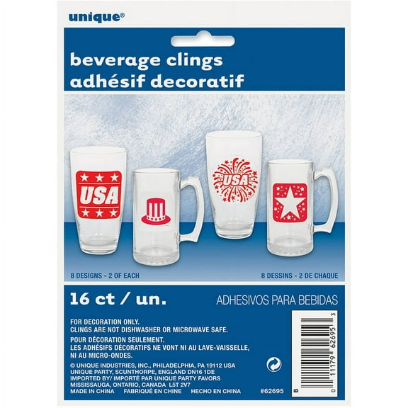 USA Patriotic Beverage Cling Drink Markers, 16-Count