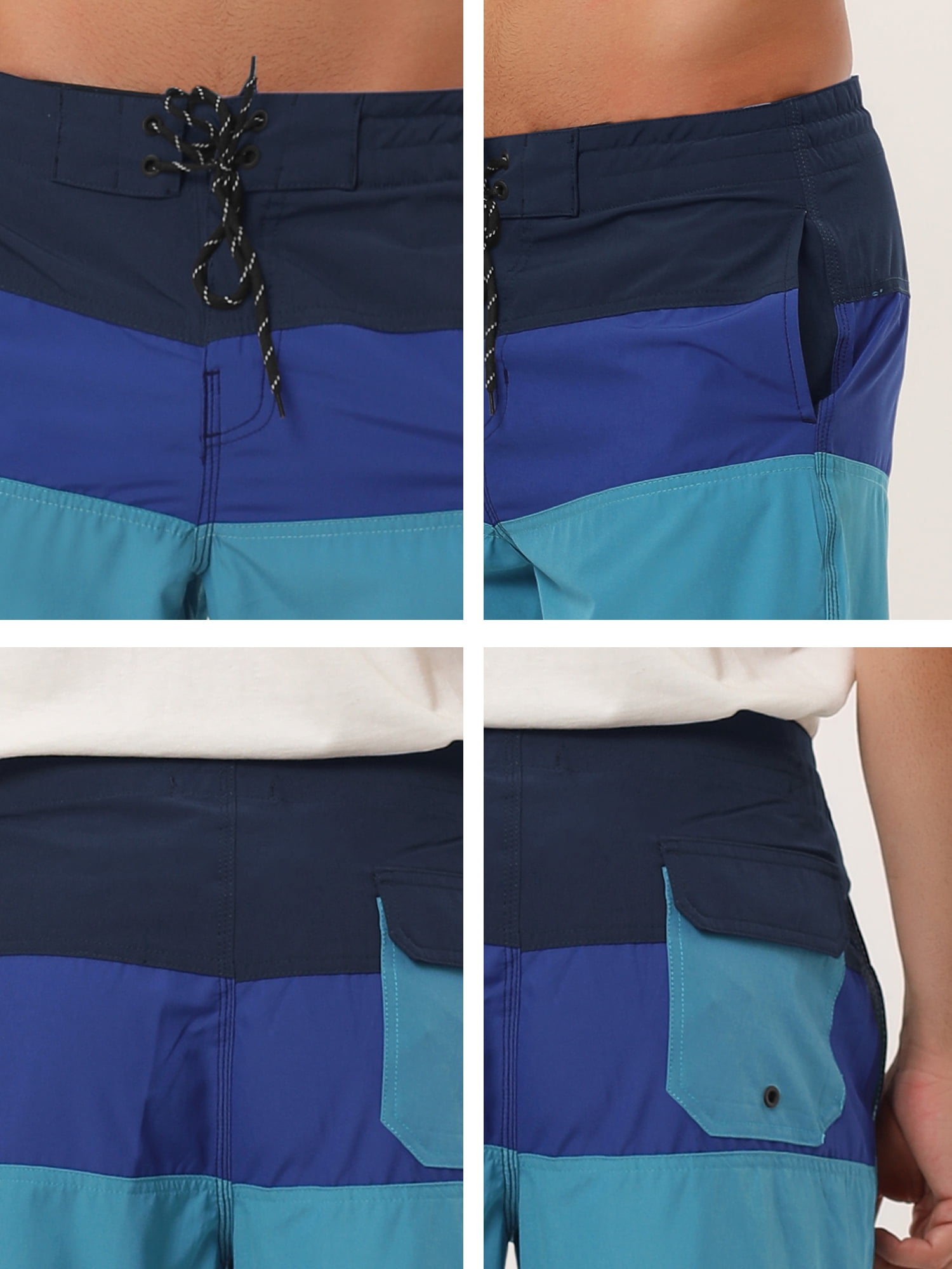 Unique Bargains Men's Summer Swim Color Block Drawstring Beach Board Shorts 36 Blue Black