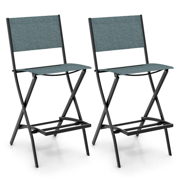 Gymax Folding Bar Stools Set of 2 Patio Sling Chairs w/ Backrest Humanized Footrest Blue