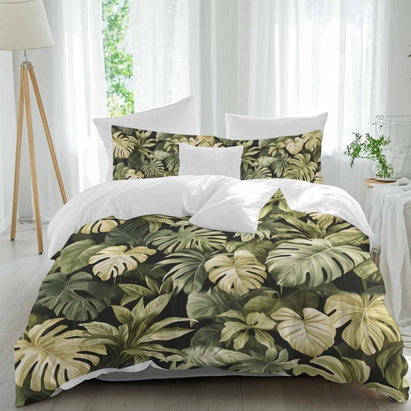 3 Piece Summer Tropical Leaves Duvet Cover Set California King,Microfiber Comforter/Quilt Cover with Corner Ties and 2 Pillowcases,Watercolor Botanical Plants All Season Bedding with Zipper Closure