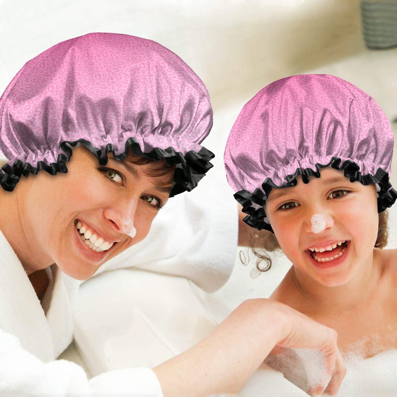 Shower Caps,Pink Gradient Leopard Print Waterproof Shower Cap for Women 4 Pieces,Double Reusable Hair Cover for Shower PEVA Elastic Stretch Hem