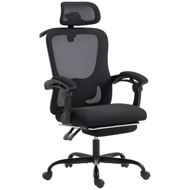 Ergonomic Mesh Office Chair with Adjustable Headrest and Lumbar Support, Reclining Computer Desk Chair with Retractable Footrest, Black, for Home Office and Study Room, 265 lbs