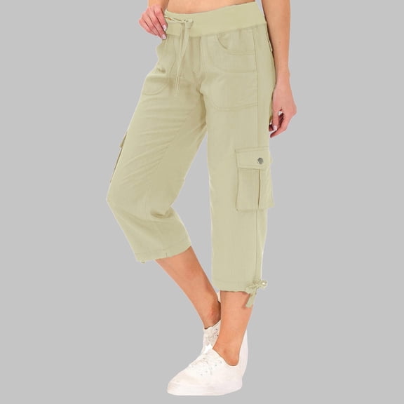 Womens Capris with Pockets Loose Cargo Capri Pants for Ladies (Khaki XXL)