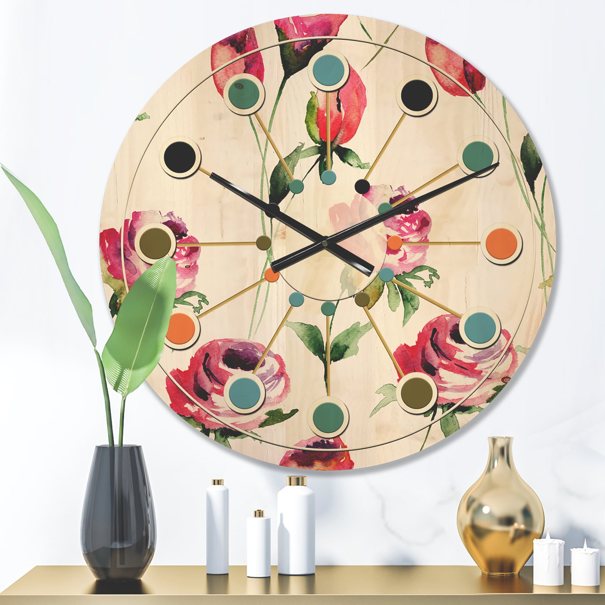 Designart 'Roses Flowers Pattern On White' Mid-Century Modern Wood Wall Clock