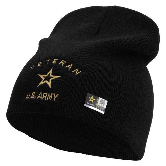 US Army Veteran Military Embroidered 8 Inch Knitted Short Beanie - Black OSFM