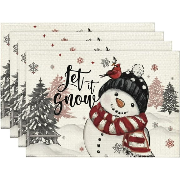 Let It Snow Snowman Christmas Placemats Set of 4, 12x18 Inch Winter Table Mats for Party Kitchen Dining Decoration