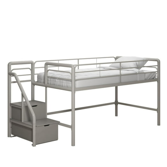 DHP Junior Metal Loft Bed with Storage Steps, Twin Size, Silver/Gray