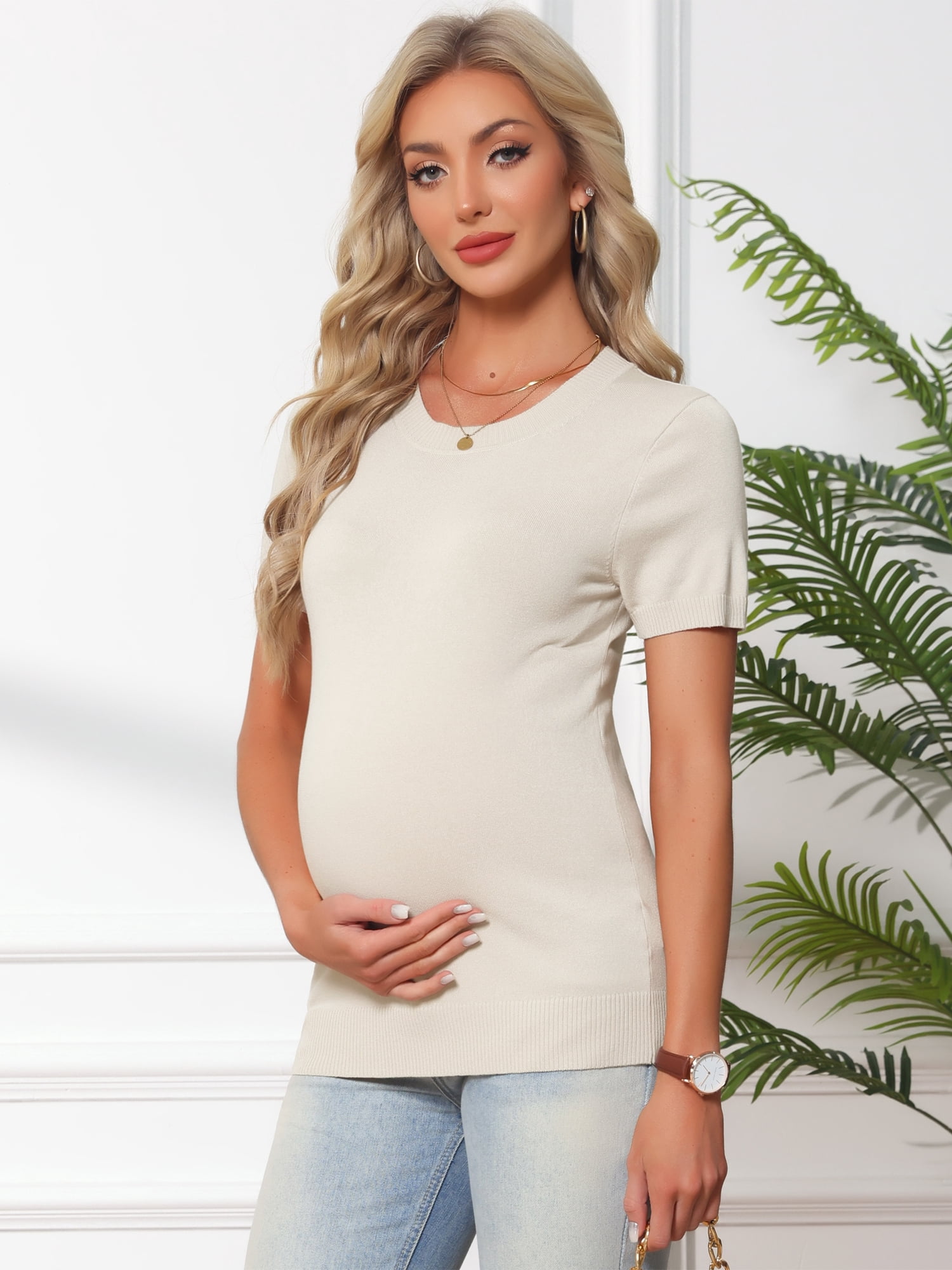 DARING DIVA Women's Maternity Stretchy Knit Short Sleeve Sweater S White