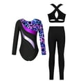 thumbnail image 2 of Haitryli Kids Girls 3Pcs Gymnastics Outfits Long Sleeve Dance Leotard with Crop Tops Bra Leggings Pants Set Tracksuit Starry Sky Black 10, 2 of 5
