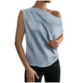 thumbnail image 2 of Wycnly Summer Tops for Women Shirts for Women One Shoulder Lightweight Silky Satin Ruched Tops 2024 Casual Solid Tee Tops Girls Slash Neck Short Sleeve Shirts, 2 of 7