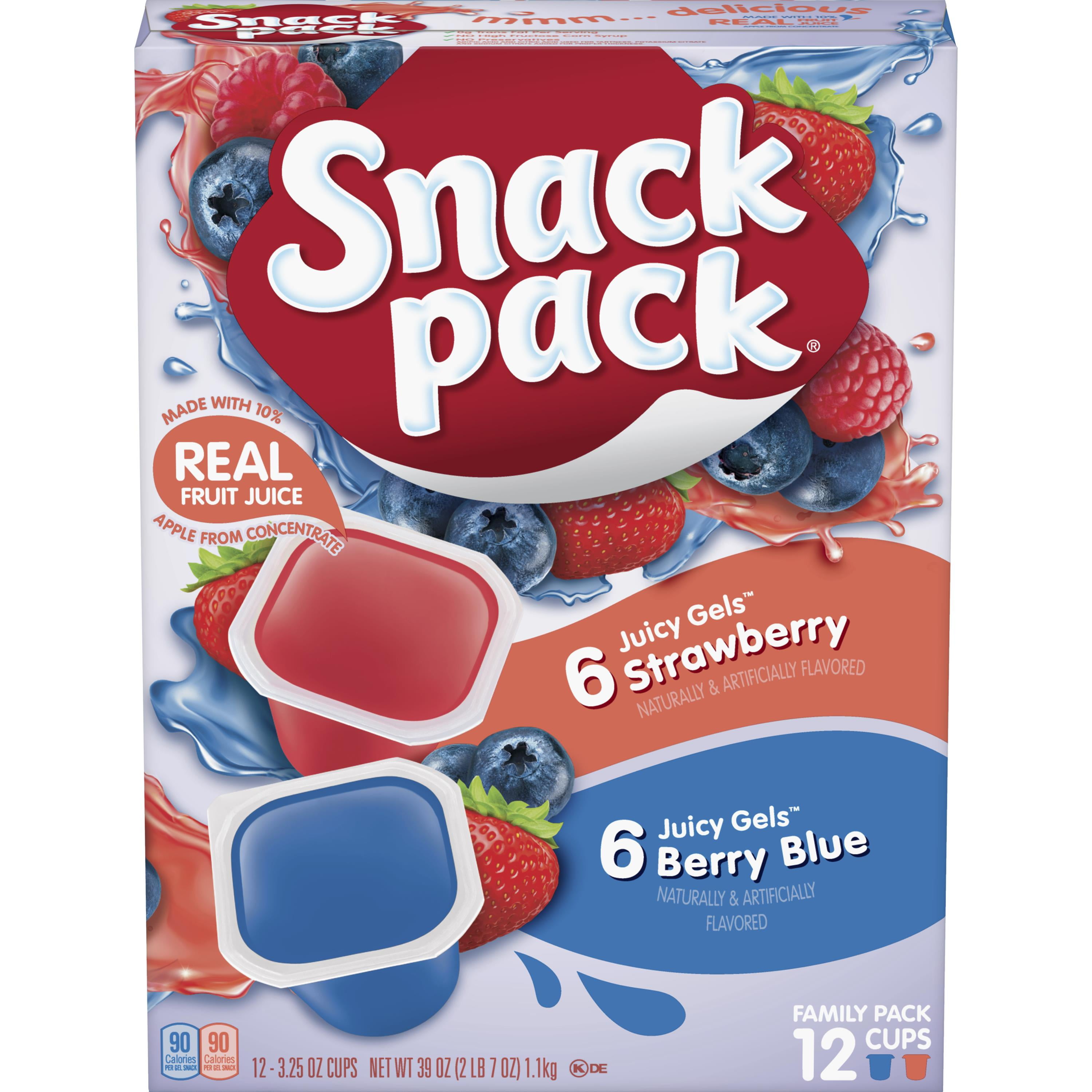 Snack Pack Strawberry & Berry Blue Flavored Juicy Gels, 12 Count Snack Cups