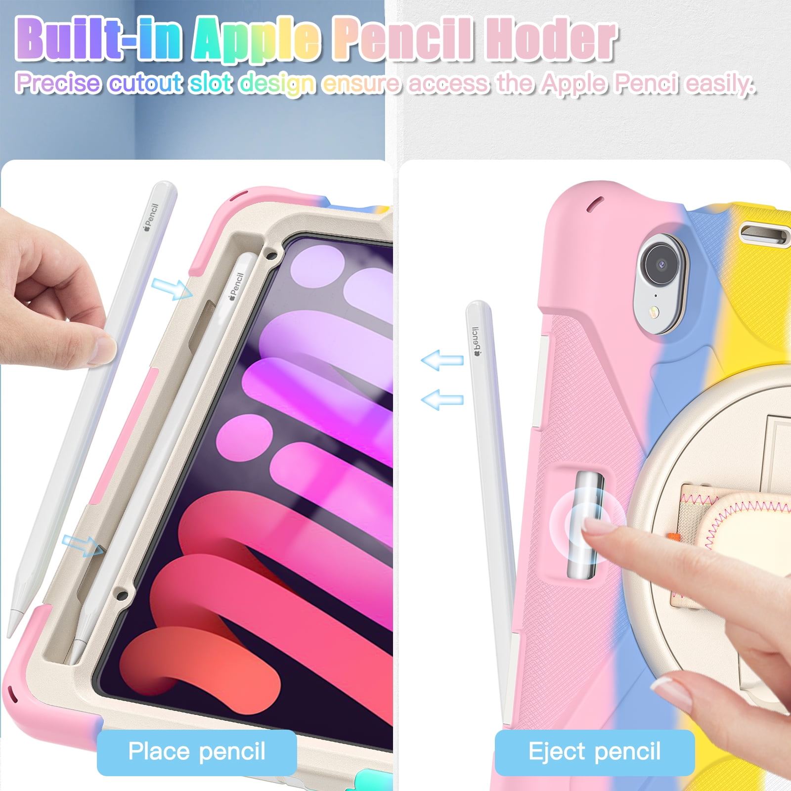 Rugged Case for 2021 Apple iPad Mini 8.3-Inch (6th Generation 2021 Release) - Rotating Stand Case with Adjustable Hand Strap /Pencil Holder, Shockproof Protective Hard Cover (Rainbow Pink)