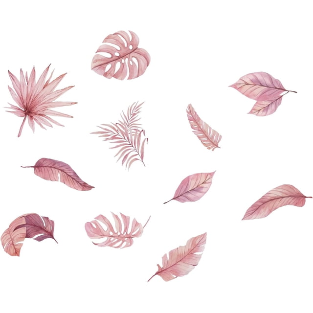 Juego de 2 hojas de calcomanías de pared con plantas tropicales rosas, hojas de palma, vinilo decorativo, arte de pared DIY