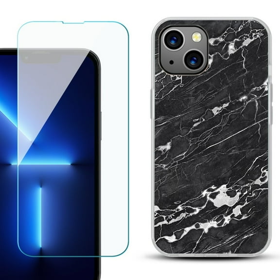 Slim-Fit Gel TPU Phone Case for iPhone 14, with Tempered Glass Screen Protector, by OneToughShield ® - Marble B/W