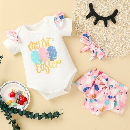 

Baby Girls Easter Letter Eggs Romper+ Rabbit Bow Shorts+Headbands