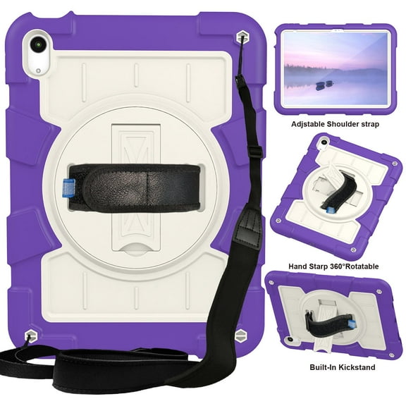 Allytech Shockproof Case for Apple iPad 10.9" 10th Generation, iPad 10 2022 Case, Rugged Shoulder Strap Rotating Stand Shoulder Strap Kids Friendly Bumper Heavy Duty Shockproof Case - Purple
