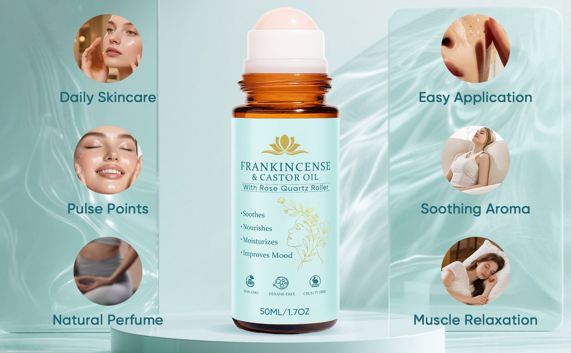 Frankincense and Castor Oil, Castor Oil Roll On with Rose Quartz, 100% Pure, Organic, Cold-Pressed, Firms Skin, Reduces Fine Lines & Hormone Balance, Suitable for Face, Neck, Abdomen.(1 Set)