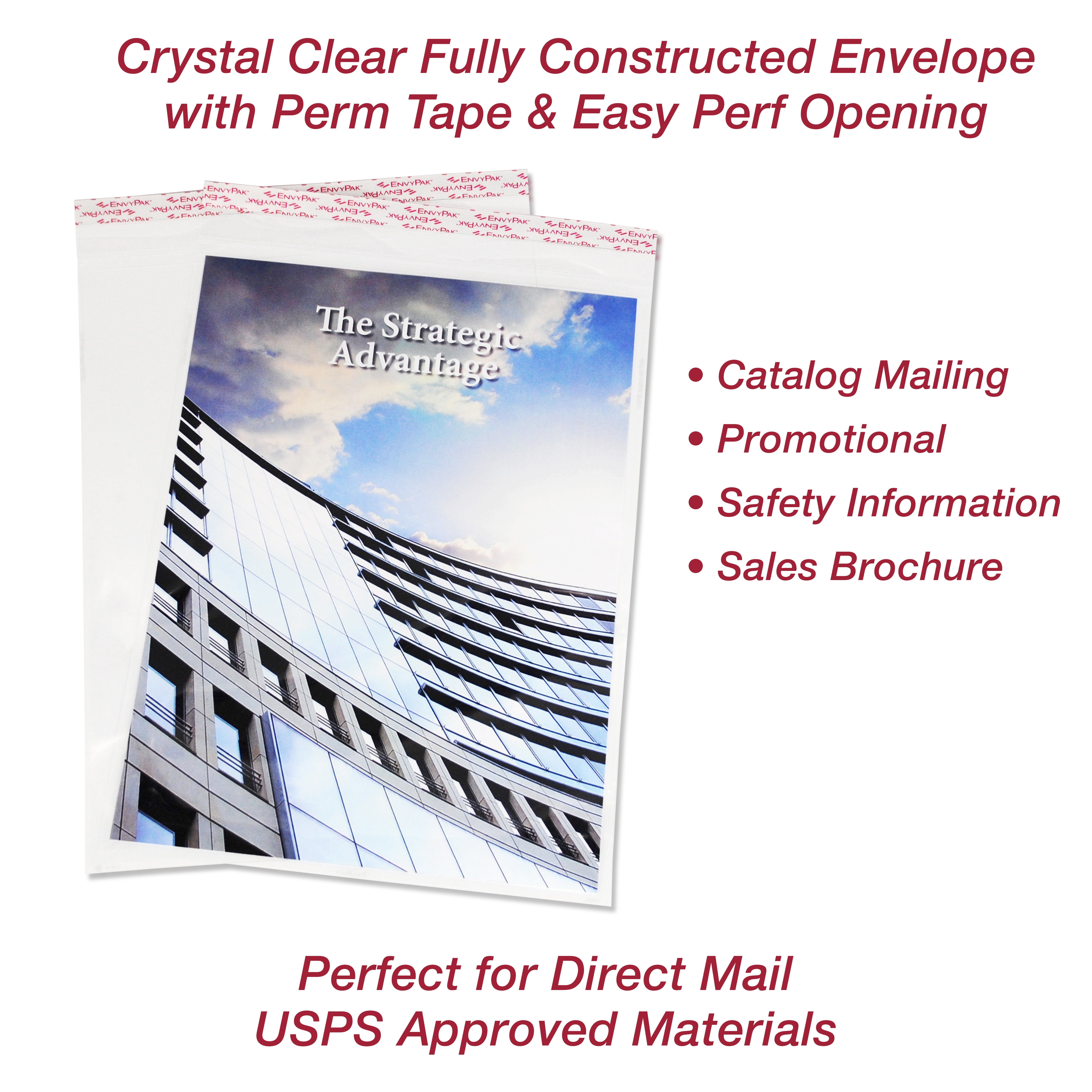 9" x 12" Vertical Catalog Envelope Crystal Clear, Permanent Tape, 8.5″ x 11″ Insert Size - Pack of 50 - Made in USA