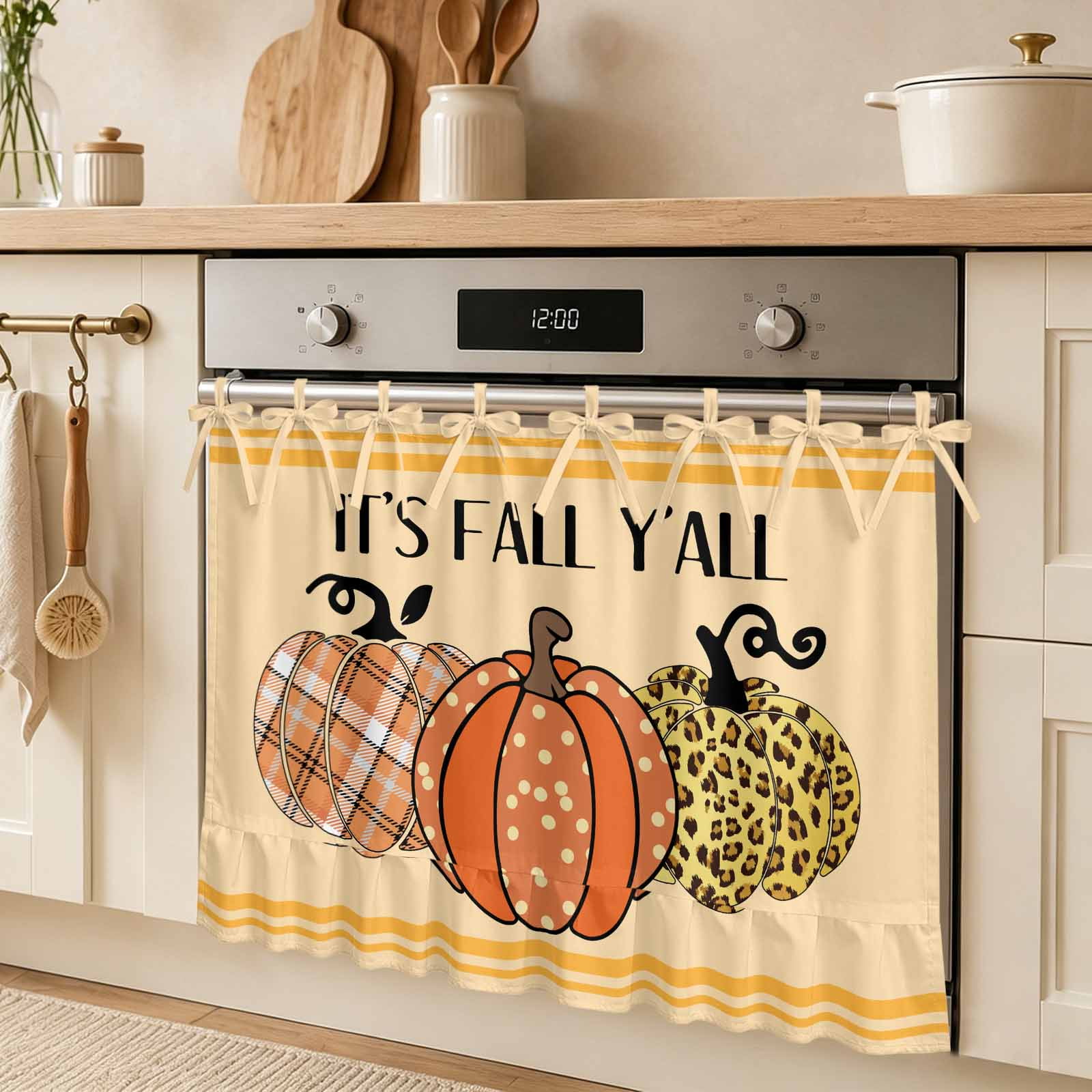 IT S FALL Oven Skirt Curtain Y ALL Thanksgiving Orange Pumpkin Tie Top Tier Curtains Stove Dishwasher Skirt Small Window Drapes for Kitchen Bathroom Cafe 30 x21.5