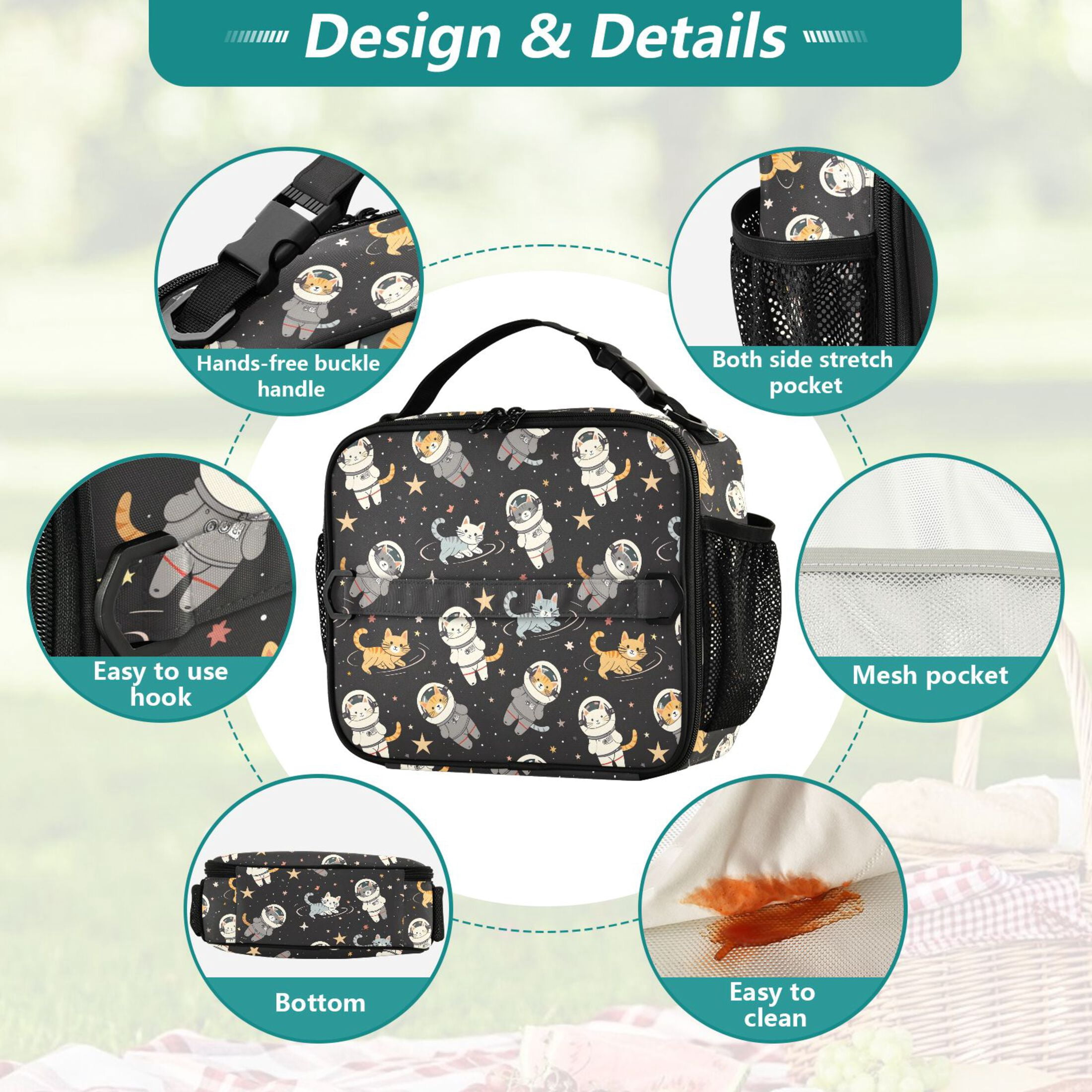 ALAZA Cats on Space Lunch Box Insulated Lunch Bag Cooler Tote with Shoulder Strap