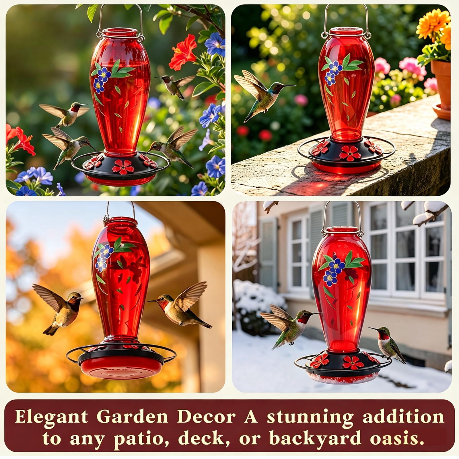 Red 24 Oz Thick Glass Hummingbird Feeder, Outdoor Hanging Garden Decor with 5 Feeding Ports