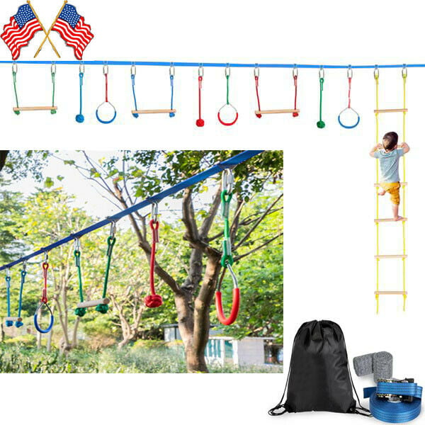 40ft Slackline Hanging Monkey Bar with Climbing Ladder Kids Warrior Training Equipment 440lb Capacity Slsy Ninja Line Obstacle Course for Kids 