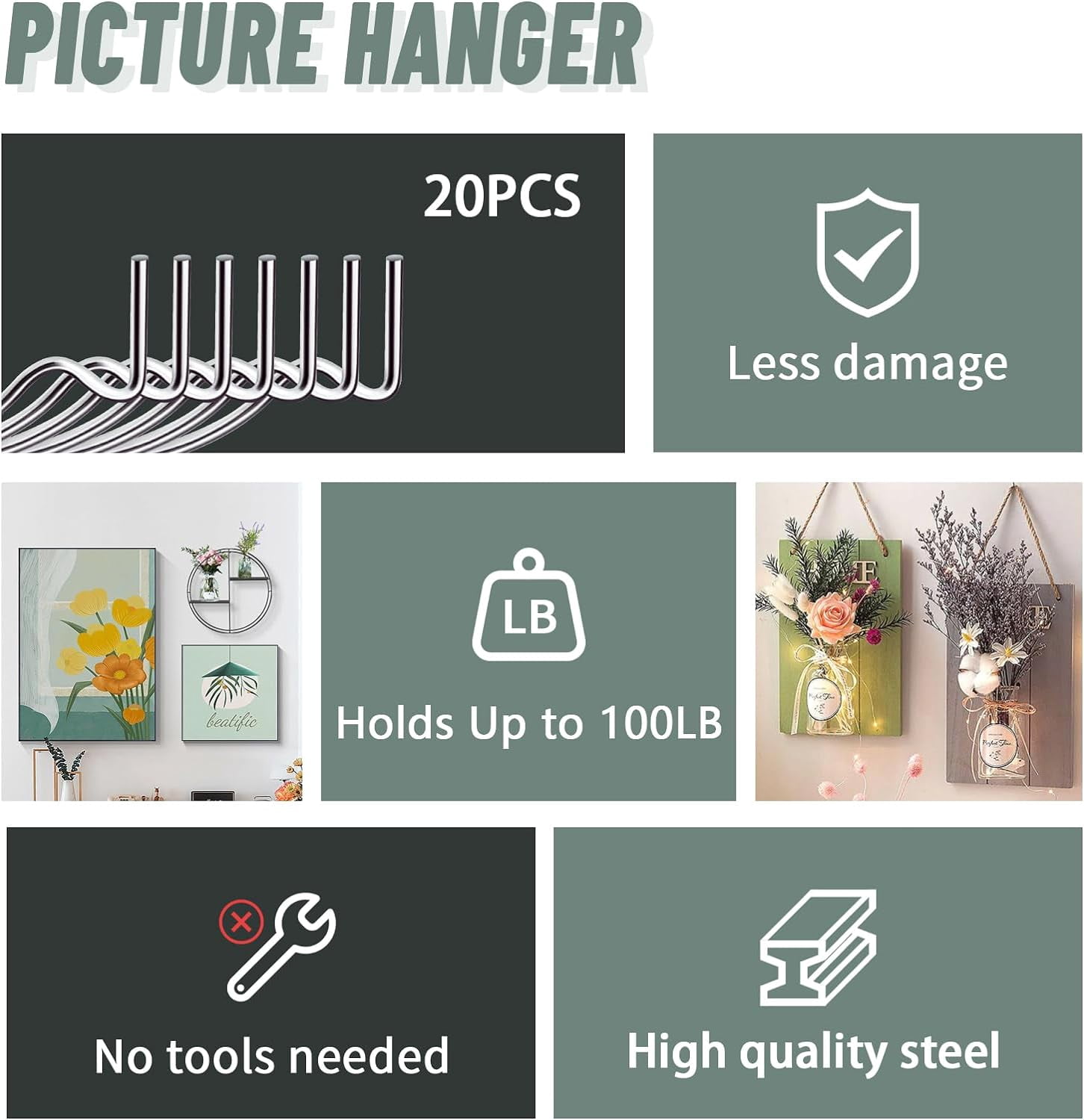 20pcs Super H Picture Hangers and Office Pack, Drywall H s for Hanging Pictures, Wall H s, Picture Hangers, Picture Hanging Kit，Hang Art, Clock, Shelves, Mirrors