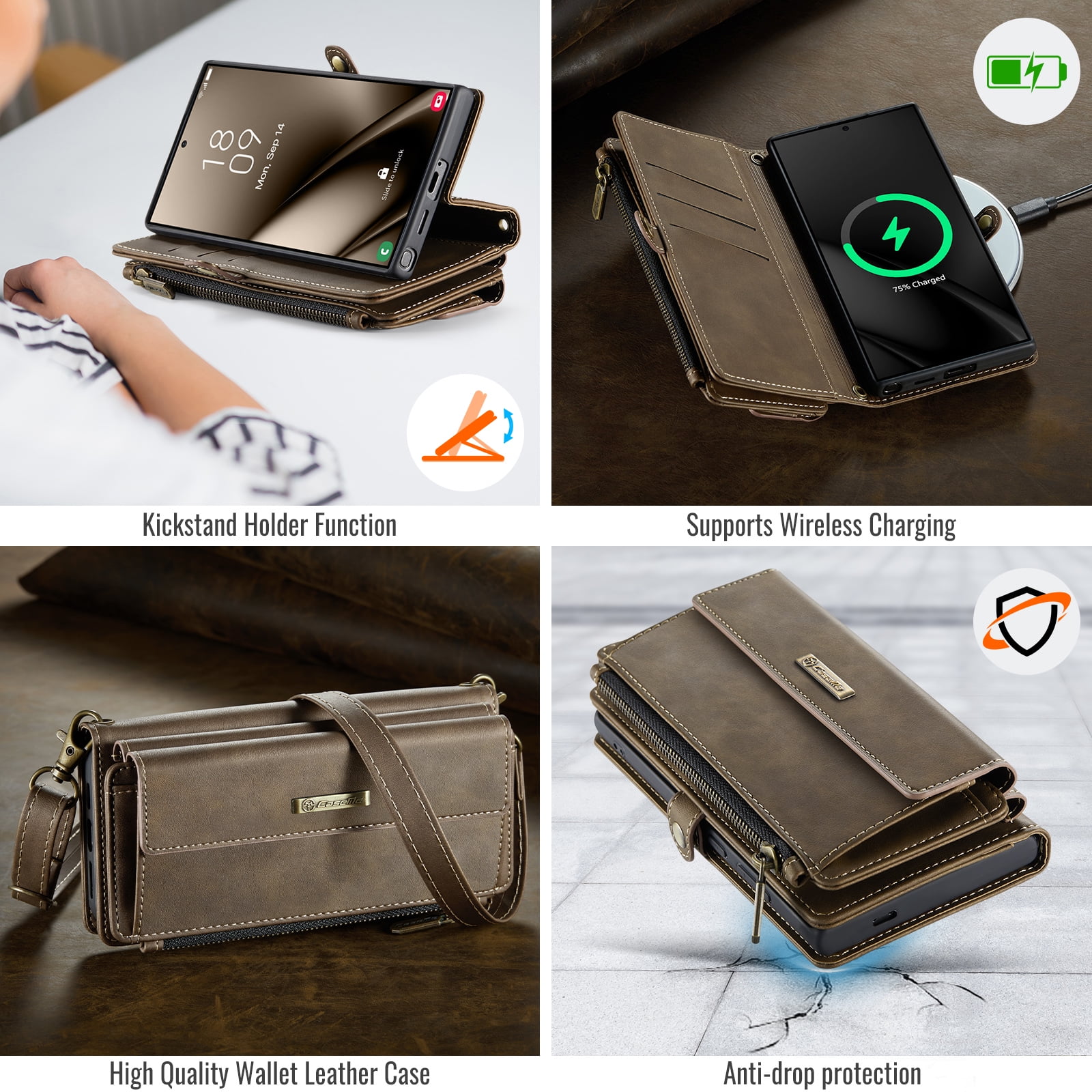Decase Wallet Case for Samsung Galaxy S25 Ultra,Magnetic Flip Zipper Pocket PU Leather Phone Cover,Crossbody Flip Cover with RFID Card Slots,Coffee